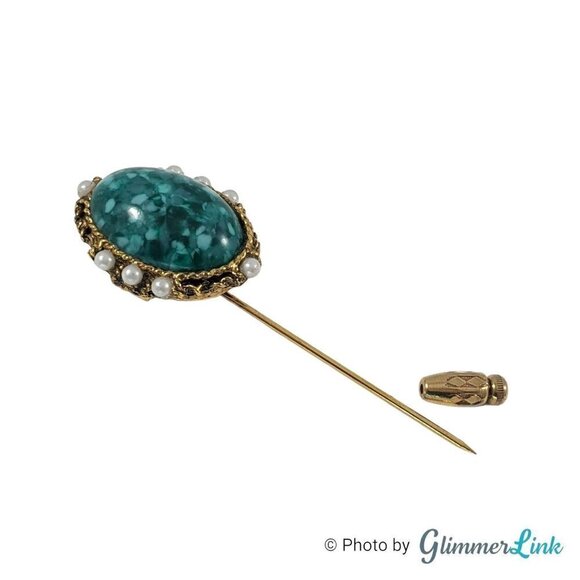 Vintage Oval Mottled Green Cabochon Faux Pearl Filigree Gold Tone Stick Pin - Picture 4 of 10